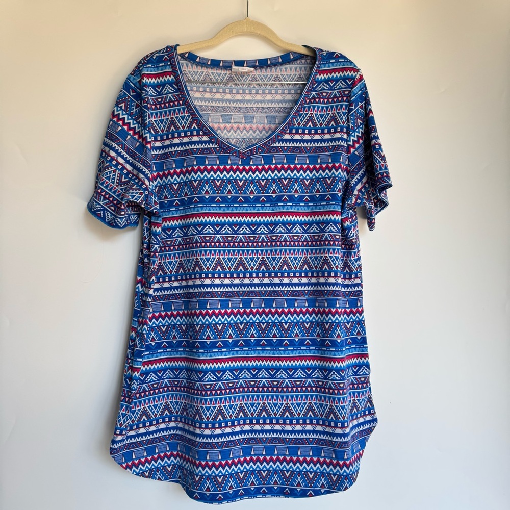 Lularoe Iris Women's V Neck Top Mixed Aztec Print Blue Size M